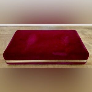 Red Velour Vintage Jewelry Storage Box w/ Gold Trim: Inner Mirror, 24 Compmts.